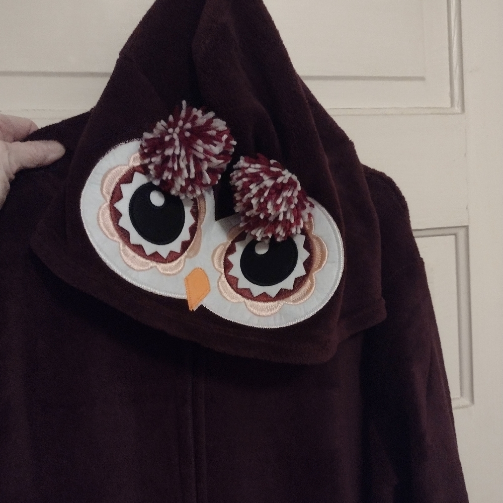 Rue 21 Pajamas Womens Size M Burgundy Owl Hoodie One Piece Plush Zip up Fleece
